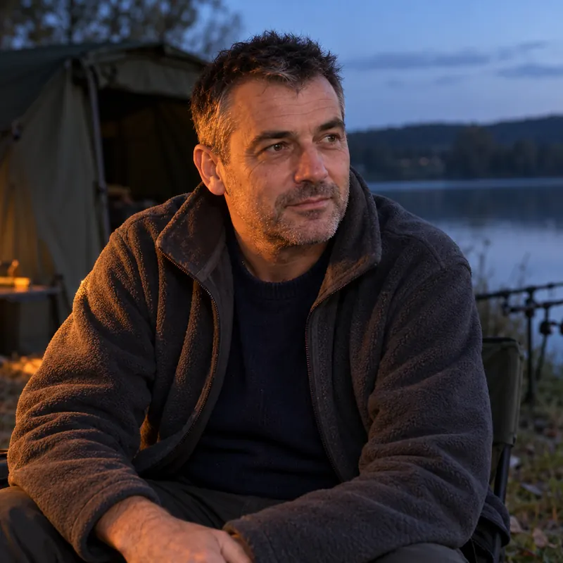 Cédric Vauthrin assis devant son biwy au bord d’un lac, à l’heure bleue
